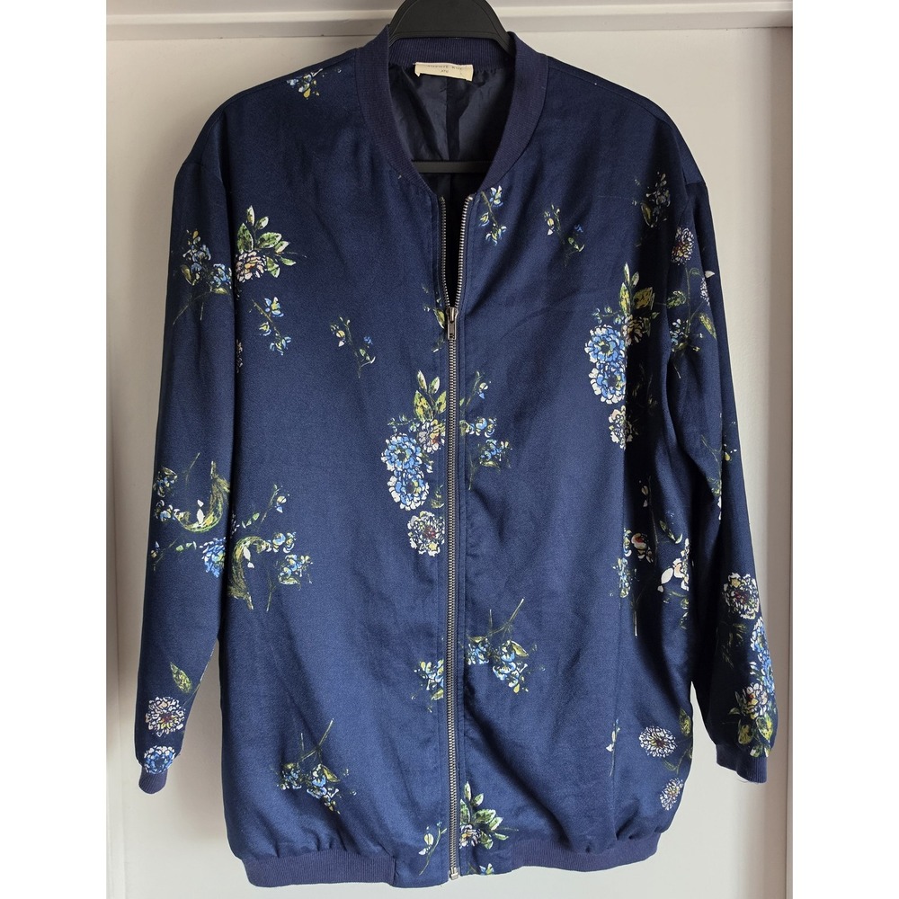 Sophie Rue Bomber Jacket Women M Floral Navy Blue Long Sleeve Casual Lightweight